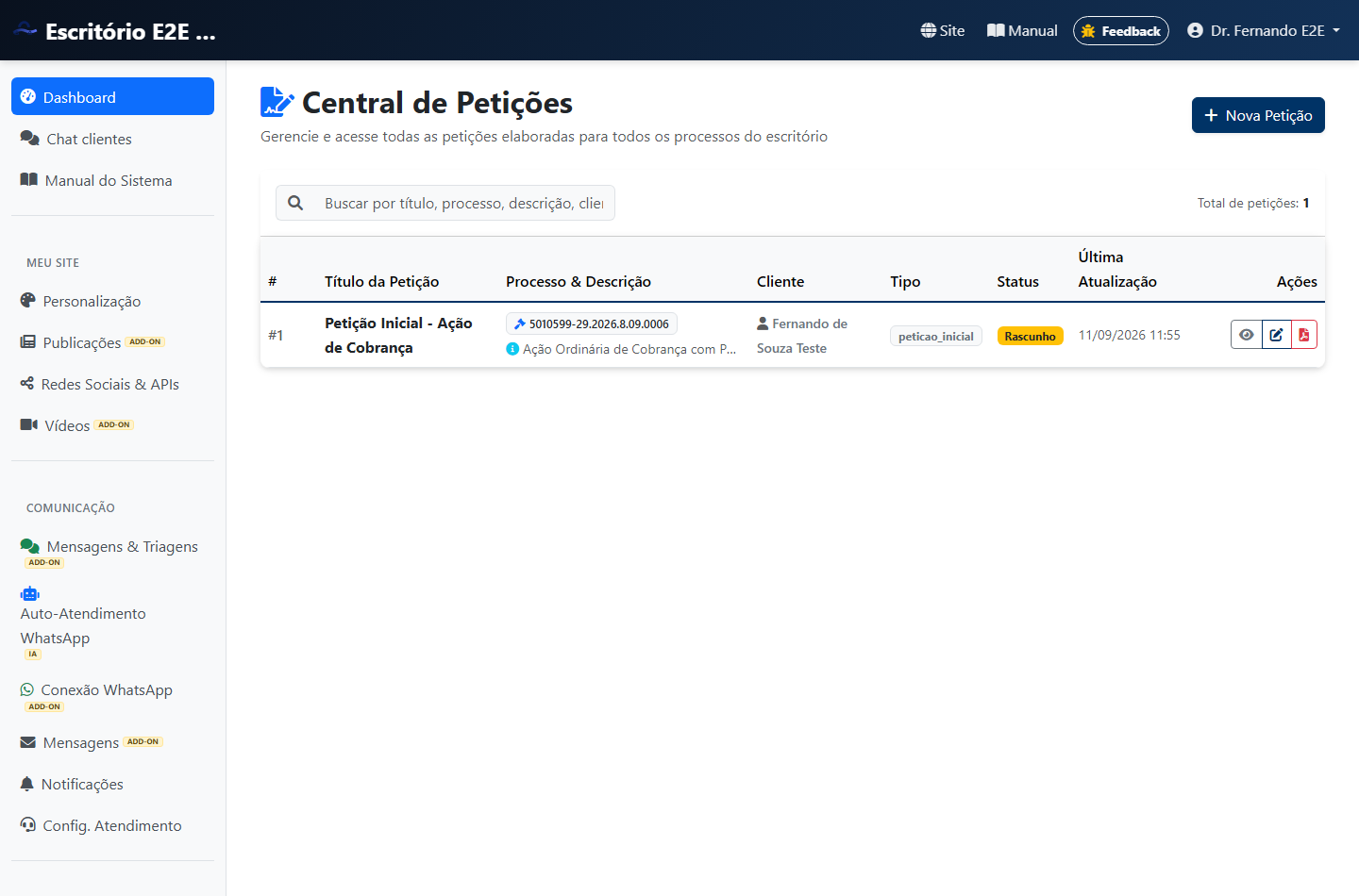 Prévia de Central de Petições do Escritório